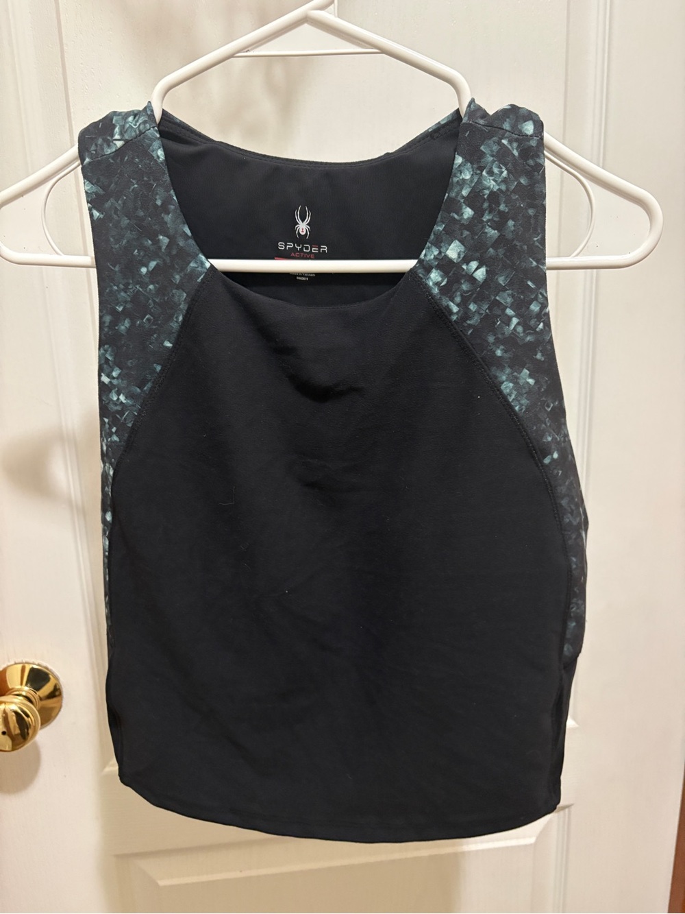 Spyder Active Womens Large Black Teal‎ Pixel Print Racerback Crop Tank Top